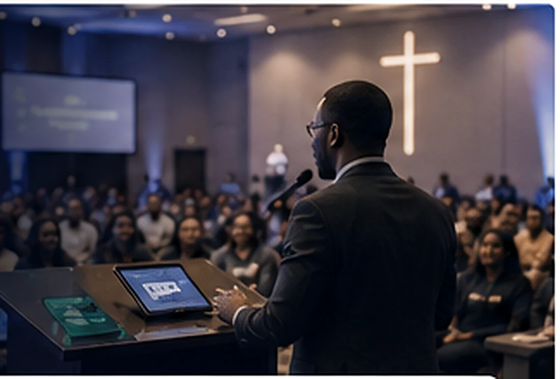 Church leader using digital technology during a live church gathering